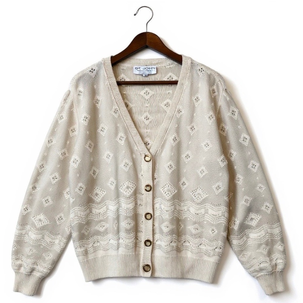 St. John Vintage Cardigan Cream Wool Blend Pointelle Knit size Large
